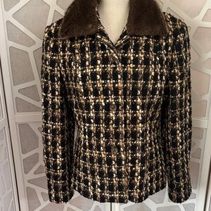 Talbots Black and Brown Checkered Blazer with Detachable Faux Fur Collar